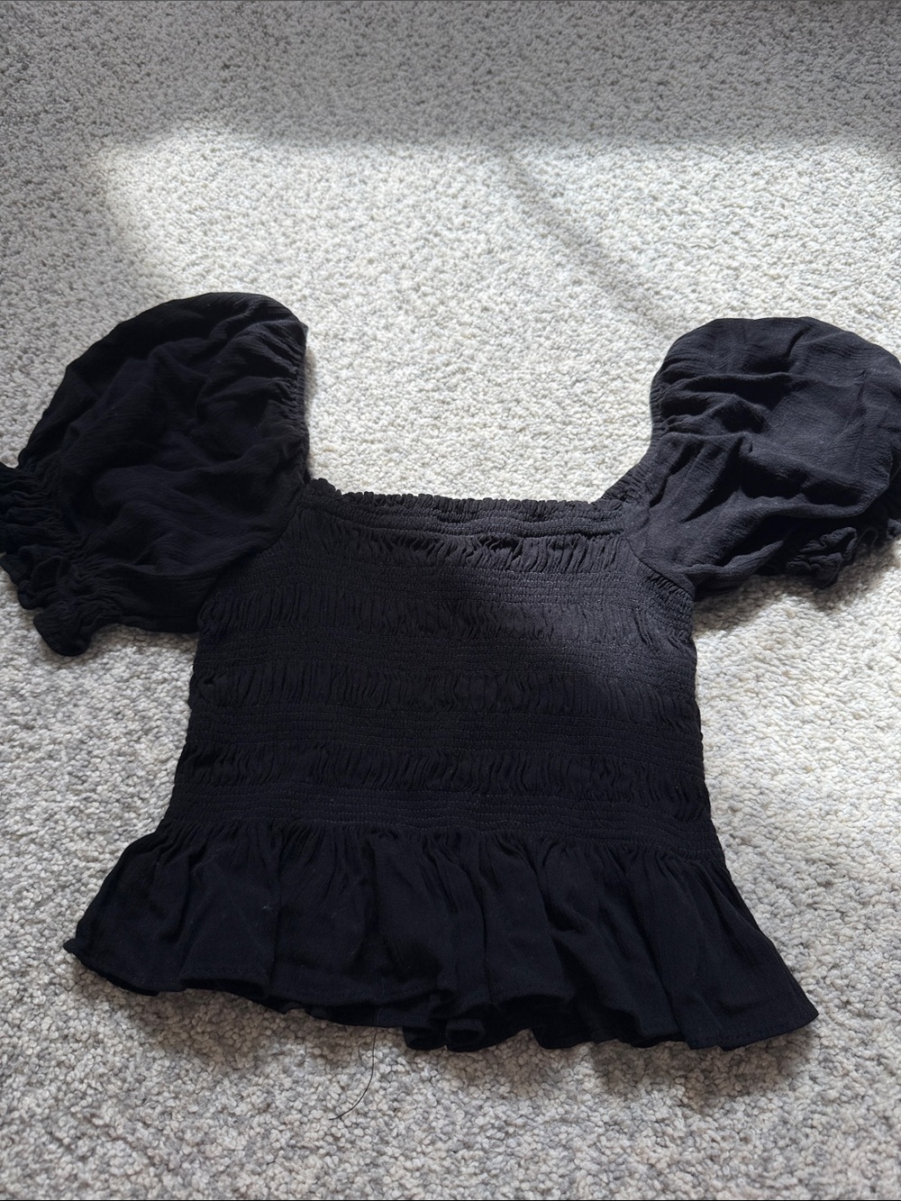 Forever 21 Black Puff Sleeve Smocked Peplum Top